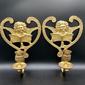 Candle Sconce x2 brass, christmas cherub with song book, VTG 1970s India